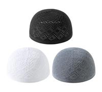 Kufi Hat For Men - Polyester Elastic Stretchable Embroidery Prayer Cap 22.83 Inches | Skull Beanie Taqiyah, Breathable Crochet Topi, Soft Knit Headwear Gift For Dad Grandpa Husband So, Black, 3XS-XXS