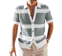 KUGO Manches Courtes Hommes Printemps Été Évider Moderne Chemise De Plage Hommes Casual Couleur Matching Bouton Placket Camping T-Shirt Hommes Slim Fit Revers Tricoté Hauts Hommes B-Grey XXL