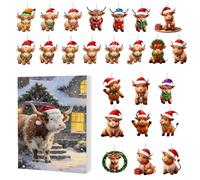 Kuh Weihnachts Advent Countdown Kalender 2025-24 Adventsdekoration Aus 2D Acrylique | Festtags Highland Kuh Anhänger - Für Zuhause Wand Tür Fenster Urlaub Party Gefälligkeiten Kinder Erwachsen