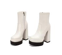 KUHAOFEU Bottes À Bout Carré Et Plateforme pour Femmes Épais Talon Haut Bottes Courtes d'hiver Mi Mollet Bottes avec Fermeture Éclair,Blanc,43 EU