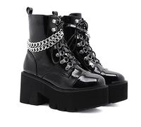 KUHAOFEU Bottes à Lacets Gothiques Femmes à Fond épais Talon épais Bottes de Combat à Bout Rond à Fond épais Court Gothique Punk Bottes de Cheville,Noir,37 EU