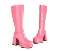 KUHAOFEU Bottes À Plateforme Montantes pour Femmes, Bout Carré Talon Épais Aspect Verni Brillant Bottes Hautes pour Fêtes, Halloween Et Cosplay,Rose,45 EU