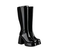 KUHAOFEU Bottes À Plateforme Montantes pour Femmes, Bout Carré Talon Épais Aspect Verni Brillant Bottes Hautes pour Fêtes, Halloween Et Cosplay,Noir,45 EU