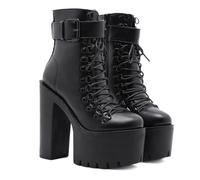 KUHAOFEU Bottes A Talon À Lacets Femme Bottines De Combat À Plateforme avec Boucle Et Rivets - Chaussures Punk Gothique avec Fermeture Éclair,Noir,40 EU