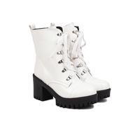 KUHAOFEU Bottes Courtes en Cuir Verni pour Femmes Bottes De Moto À Lacets Bottes De Combat À Talons Épais,Blanc,41 EU
