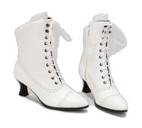 KUHAOFEU Bottes Courtes Talon De Chaton pour Femme Bottines Victoriennes avec Fermeture Éclair Latérale Lacets Cheville Bottes,Blanc,40 EU