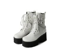 KUHAOFEU Bottes Courts Moto Femme en Cuir Bottines Talons Epais Hiver Chaud Plateforme Bottes à Lacets,Blanc,39 EU