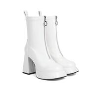KUHAOFEU Bottes De Cheville pour Femme avec Gros Talon Et Plateau Bout Carré Charnière Punk Demi Mollet Bottes,Blanc,39 EU