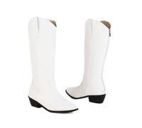 KUHAOFEU Bottes De Cowboy Brodées À Bout Pointu Et À Talon Bas pour Femme, Bottes Mi-Mollet Western pour Fête, Concert De Campagne,Blanc,36 EU
