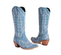 KUHAOFEU Bottes de Cowboy Femmes Broderie Hautes au Genou Bout Pointu Western Bottes Longues à Enfiler,Blue Denim,42 EU
