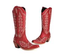 KUHAOFEU Bottes de Cowboy Femmes Broderie Hautes au Genou Bout Pointu Western Bottes Longues à Enfiler,Rouge,44 EU
