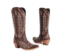 KUHAOFEU Bottes de Cowboy Femmes Broderie Hautes au Genou Bout Pointu Western Bottes Longues à Enfiler,Marron,38 EU