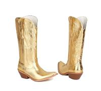 KUHAOFEU Bottes De Cowboy pour Femme, Bout Pointu Broderie Bottes De Cowgirl Cousues, Bottes Western À Talon Épais pour Femme,d'or,41 EU