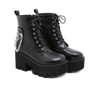 KUHAOFEU Bottes de Motard pour Femmes Lacets Bottes à Plateforme Noires Gros Talons Hauts Chaîne Cloutée Goth Punk Bottines,Noir,40 EU