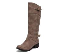 KUHAOFEU Bottes De Moto À Fermeture Éclair Femme Bottes Hautes Genoux en Faux Cuir Bottes D'équitation À Bas Talon Bloc,Marron,40 EU