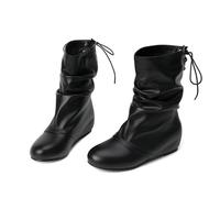 KUHAOFEU Bottes en Cuir Femme Bottes Plissées À La Mode avec Lacets Bottes Courtes À Talon Bas,Noir,36 EU