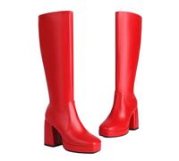 KUHAOFEU Bottes en Cuir Noir Bottes de Moto à Plate-Forme pour Femmes Bottes à Talons carrés avec Fermeture éclair latérale,Rouge,41 EU
