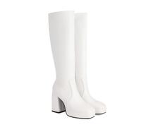 KUHAOFEU Bottes en Cuir Noir Bottes de Moto à Plate-Forme pour Femmes Bottes à Talons carrés avec Fermeture éclair latérale,Blanc,43 EU
