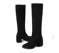 KUHAOFEU Bottes Femmes en Daim Bottes Aux Genoux Coupe Large avec Bloc Talon Moto Bottes De Combat Hiver Chaud Bottes De Neige,Noir,46 EU