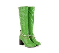 KUHAOFEU Bottes Hautes Au Genou Femme Bloc Talon Bout Rond Bottes De Chevalier avec Fermeture Éclair,Vert,39 EU