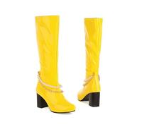 KUHAOFEU Bottes Hautes Au Genou Femme Bloc Talon Bout Rond Bottes De Chevalier avec Fermeture Éclair,Jaune,44 EU