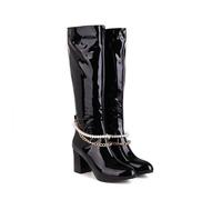 KUHAOFEU Bottes Hautes Au Genou Femme Bloc Talon Bout Rond Bottes De Chevalier avec Fermeture Éclair,Noir,36 EU