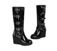 KUHAOFEU Bottes Hautes Jusqu'au Genou avec Plateau Et Talon Compensé Pointe Ronde Punk Gothique Long Bottes D'équitation Hiver,Black Patent Leather,44 EU