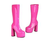 KUHAOFEU Bottes Hautes pour Femmes À Talon Bloc avec Plateforme Talon Haut Bout Carré Zip Bottes Habillées,Rose,41 EU