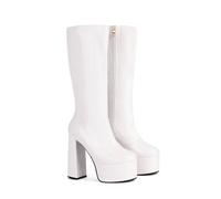 KUHAOFEU Bottes Hautes pour Femmes À Talon Bloc avec Plateforme Talon Haut Bout Carré Zip Bottes Habillées,Blanc,35 EU