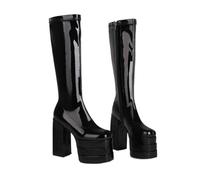 KUHAOFEU Bottes Hauts Au Genou avec Plateau Et Talon Large pour Femmes Bout Carré Longues Bottes en Cuir avec Fermeture Éclair,Black Patent Leather,35 EU