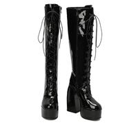KUHAOFEU Bottes Jusqu'au Genou À Talons Hauts avec Plateforme pour Femmes, Lacets Et Fermeture Éclair Latérale, Style Punk Gothique Bottes d'hiver Mi-Mollet,Noir,45 EU