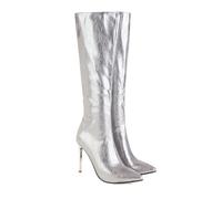 KUHAOFEU Bottes Jusqu'au Genou avec Talon Aiguille et Fermeture éclair à Bout Pointu pour Femme,Argent,39 EU