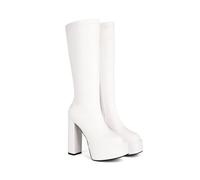 KUHAOFEU Bottes Mi-Mollet Femme Cuir Talons Epais Bottes De Moto Noir Bout Carré Bottes Hautes Au Genou,Blanc,40 EU