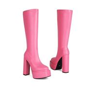 KUHAOFEU Bottes Mi-Mollet Femme Cuir Talons Epais Bottes De Moto Noir Bout Carré Bottes Hautes Au Genou,Rose,34 EU