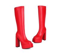 KUHAOFEU Bottes Mi-Mollet Femme Cuir Talons Epais Bottes De Moto Noir Bout Carré Bottes Hautes Au Genou,Rouge,43 EU