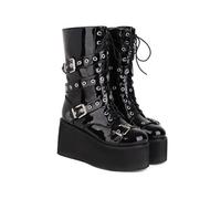 KUHAOFEU Bottes Militaires De Style Punk avec Plateforme Et Lacets Jusqu'au Sommet Fermeture À Glissière,Black Patent Leather,41 EU