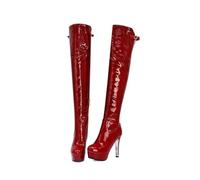 KUHAOFEU Bottes Montant au-Dessus du Genou pour Femmes en Cuir Verni à Talons Hauts avec Fermeture éclair, Bout Arrondi Chaussures de soirée pour Club,Rouge,42 EU
