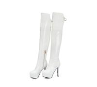 KUHAOFEU Bottes Montant au-Dessus du Genou pour Femmes en Cuir Verni à Talons Hauts avec Fermeture éclair, Bout Arrondi Chaussures de soirée pour Club,Blanc,40 EU