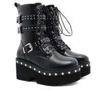 KUHAOFEU Bottes Moto À Lacets pour Femmes Plateforme Style Punk Bottes d'hiver Talon Épais Bottes De Motard À Tête Ronde avec Rivet,Noir,38 EU