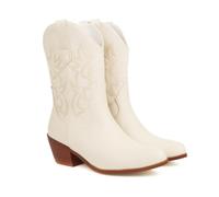 KUHAOFEU Bottes Occidentales pour Femmes Bout À Bout Mollet Large Bottes à la Cheville,Beige,34 EU