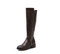KUHAOFEU Bottes Plates De Chevalier À Fermeture Éclair Latérale pour Femmes Bottes Hautes De Motard Bottes Longues D'équitation À Talons Bas,Marron,42 EU