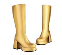 KUHAOFEU Bottes pour Femmes À Talon Bloc Genou Hautes Bottes d'hiver Talon Haut Bout Rond Bottes Longues avec Fermeture Éclair,d'or,46 EU