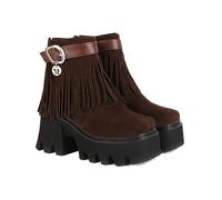 KUHAOFEU Bottines À Bout Carré pour Femme avec Franges, Plateforme Épaisse Et Talon Bloc Bottes Court,Marron,36 EU