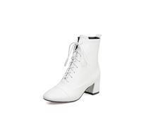 KUHAOFEU Bottines À Lacets pour Femme Talon Épais Chelsea Bottes en Cuir Noir Chaussures Décontractées Automne Hiver,Blanc,34 EU