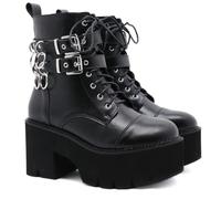 KUHAOFEU Bottines à Lacets pour Femmes Rétro Métal Chaîne Cuir à Plateforme Bottes Moto Épais Talon Haut Punk Bottes,Noir,35 EU