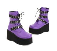 KUHAOFEU Bottines À Plateforme Goth pour Femmes Bottes De Moto Cloutées avec Boucles De Ceinture Talon Compensé Fermeture Eclair Bottines Courtes,Violet,37 EU