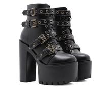 KUHAOFEU Bottines À Plateforme pour Femme Grosse Botte Gothique avec Fermeture Éclair,Noir,38 EU
