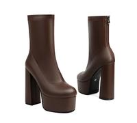 KUHAOFEU Bottines À Plateforme pour Femme Talon Bloc Chaussures À Talons Hauts Et Rondes avec Fermeture Éclair,Marron,35 EU