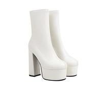 KUHAOFEU Bottines À Plateforme pour Femme Talon Bloc Chaussures À Talons Hauts Et Rondes avec Fermeture Éclair,Blanc,46 EU