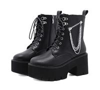 KUHAOFEU Bottines À Plateforme pour Femme Talon Bloc Fermeture Éclair Latérale Bottes Punk À Lacets,Noir,37 EU